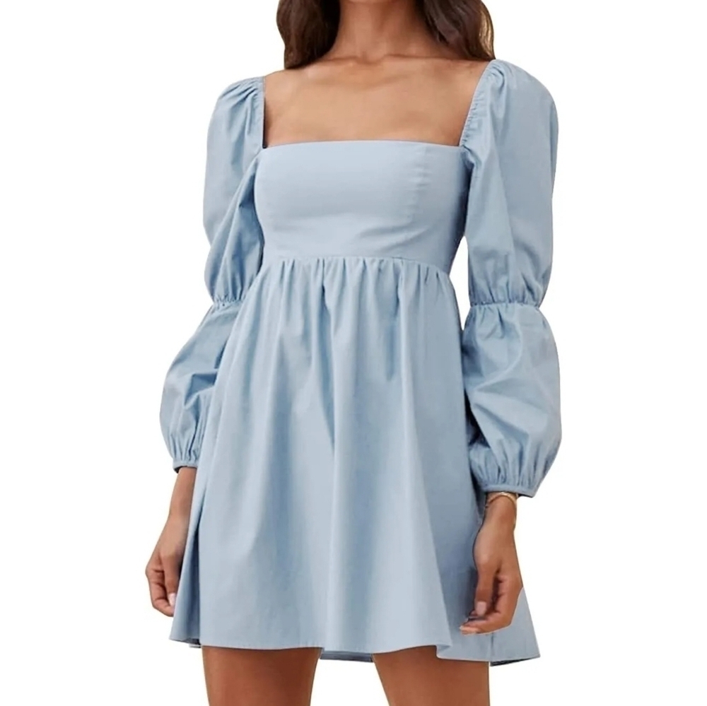 Exlura Womens Square Neck Dress Long Puff Sleeve A-Line Casual Short Mini Dress